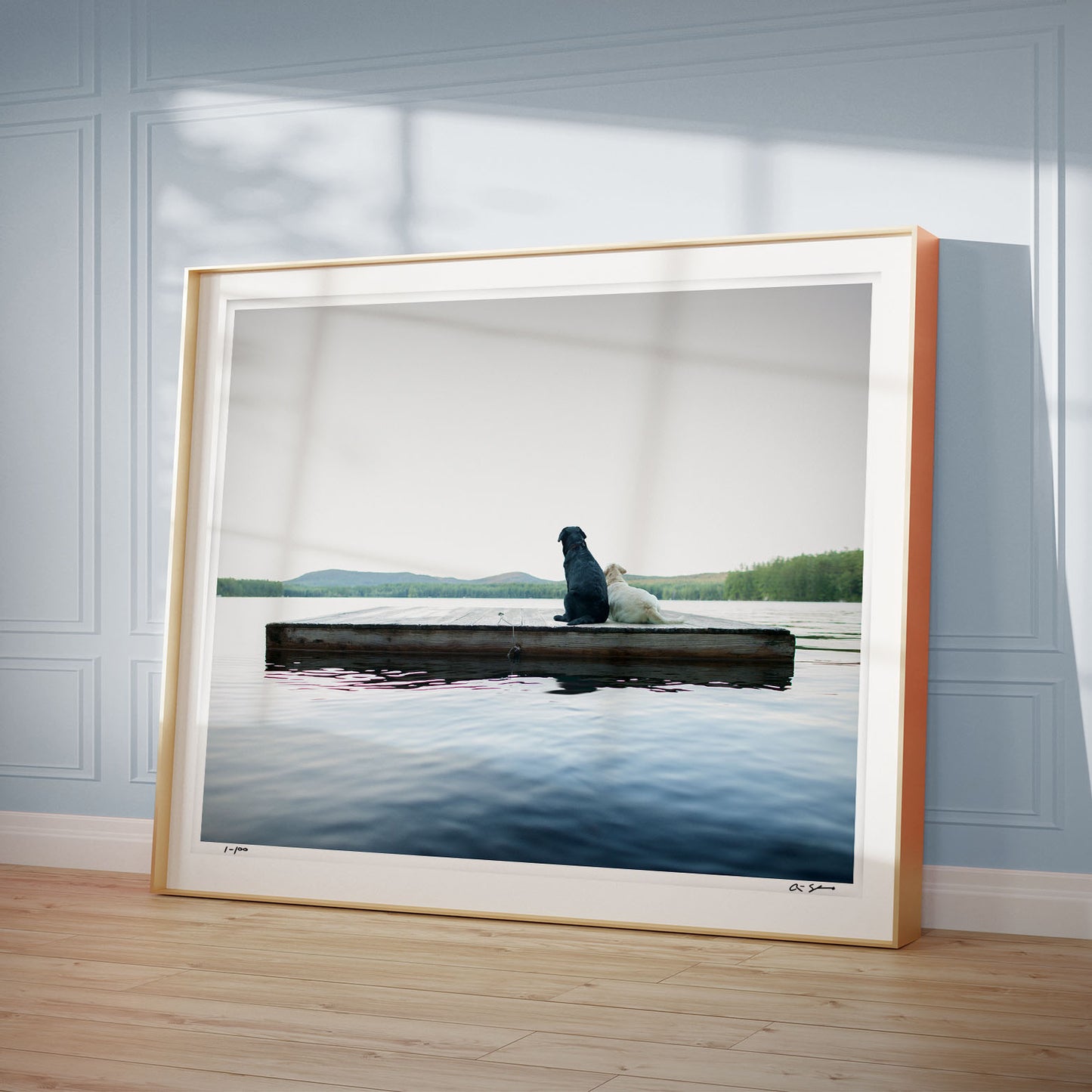 A Black and a yellow dog on a dock on a lake art print by photographer Ron Schmidt www.ronschmidt.art Wall Home Decor , Lake House Artwork. Large Wall Art Print. Collectible, Limited Edition, Gift for Dog Lover