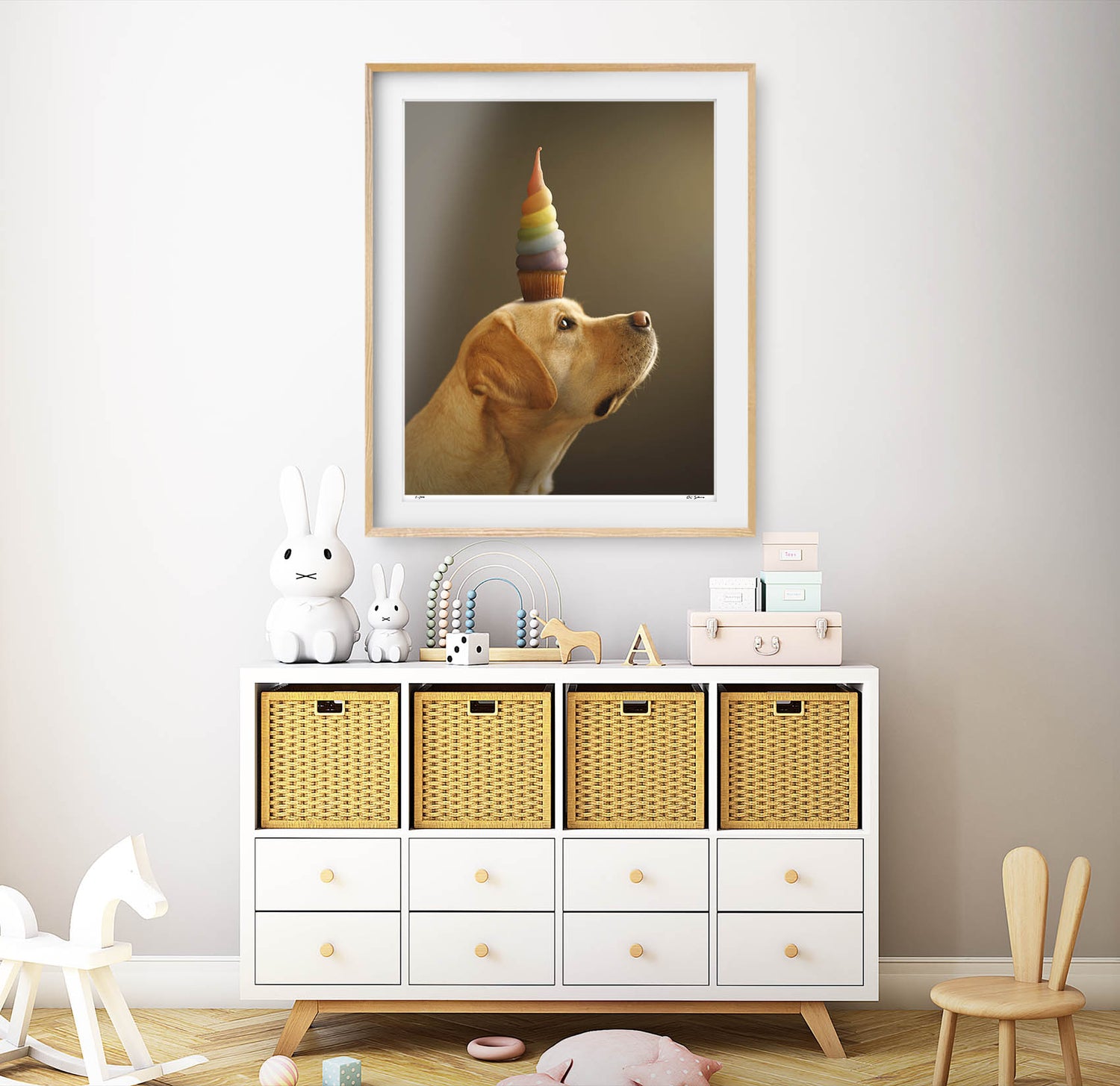 Yellow Labrador Unicorn with Rainbow Cupcake Horn Print by Artist Photographer Ron Schmidt - Signed Limited Edition Collective Fine Art Dog Prints for Childrens Bedroom Playroom Nursery
